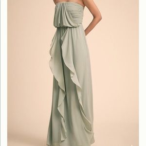 BHLDN strapless, floor length dress, in sage.